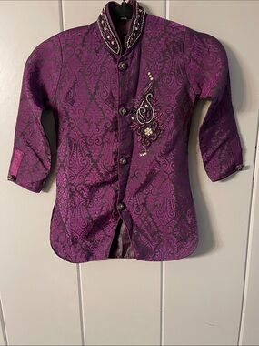 Children’s Chinese Jacket Purple Black Brocade Beaded Embroidery Vintage Style
